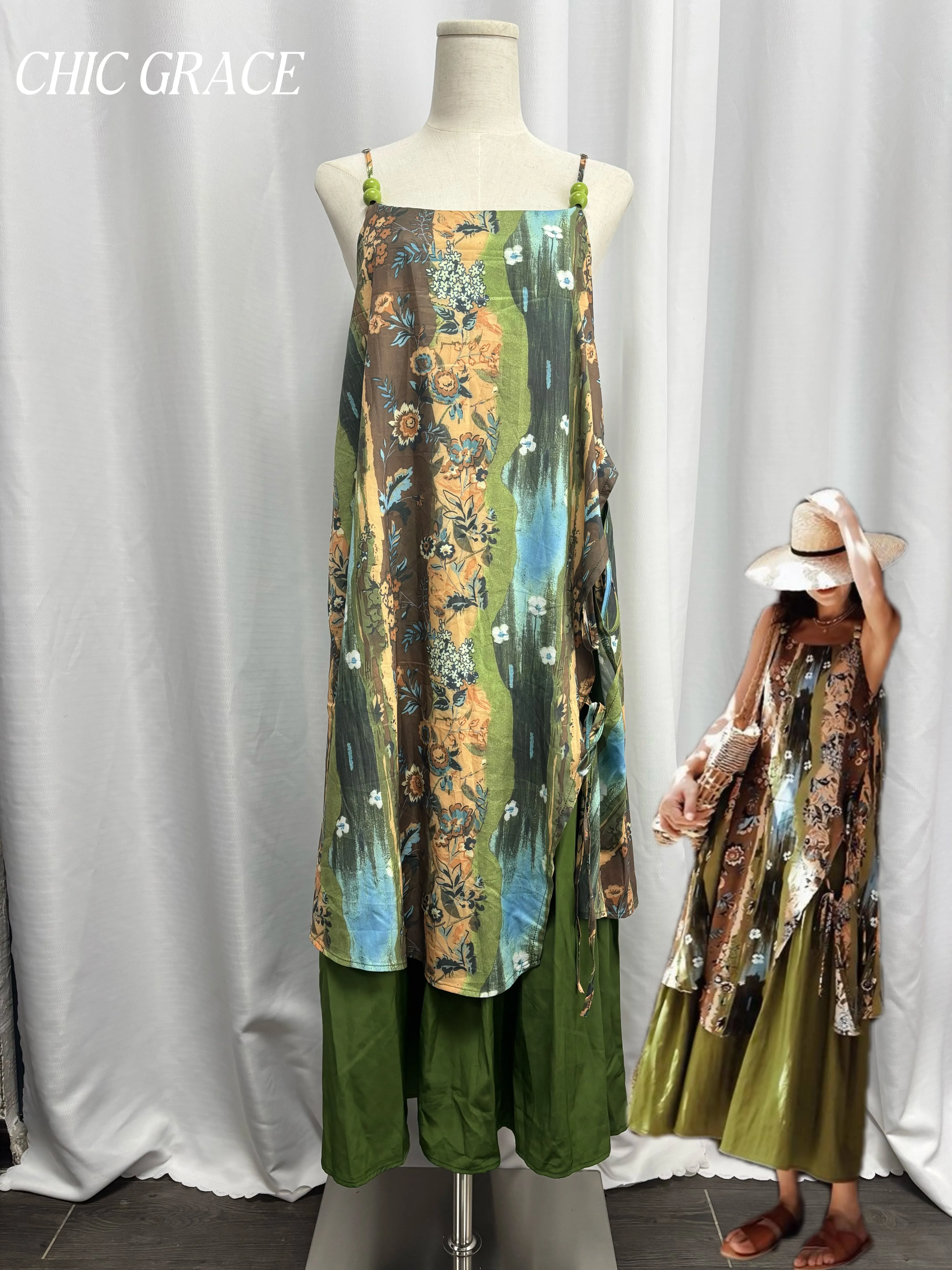 リアルショット レディース オリジナル植物モチーフ油絵プリント ストラップキャミドレス オズの魔法使い風 バケーションビーチドレス 夏向け