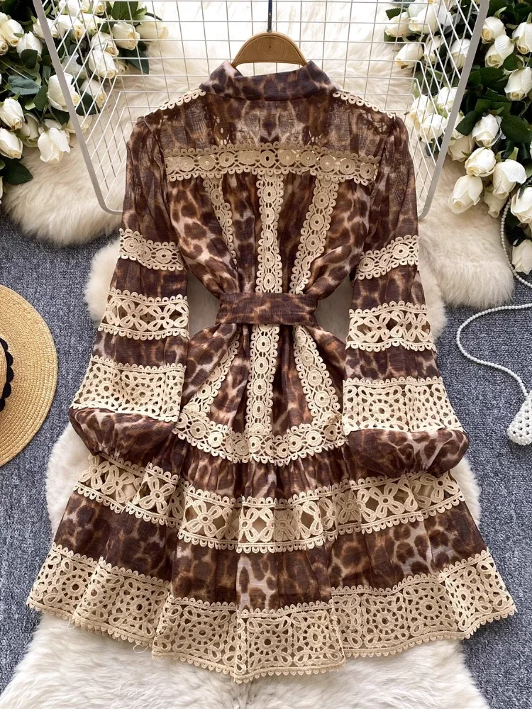 France Elegant Vintage Palace Evening Dress Women Hollow Lace Leopard Short Party Dress Female Casual Chic High End Clothing New