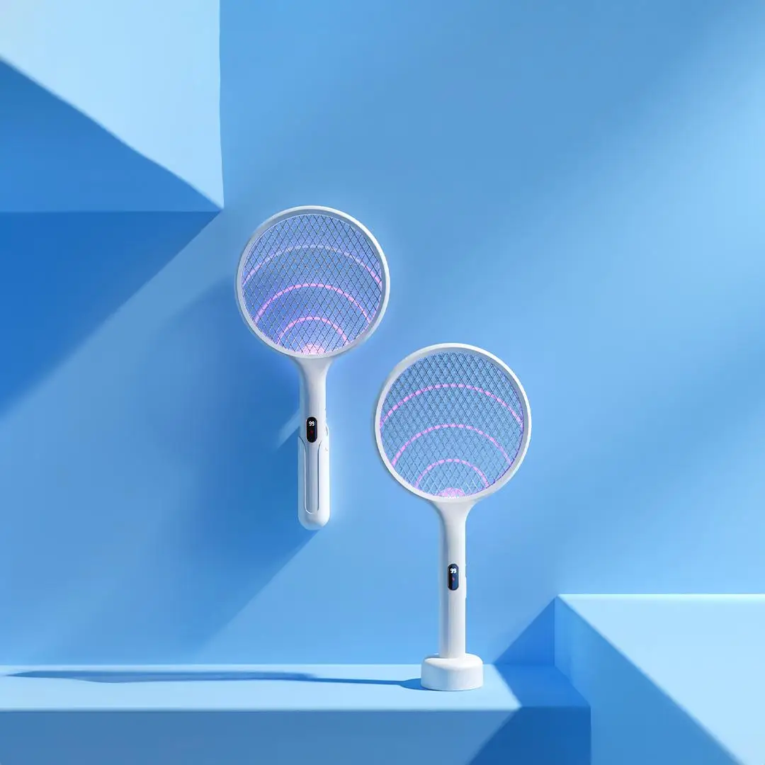 Qualitell Elektrische Mückenklatsche, wiederaufladbar, violettes Licht, intelligente digitale Dual-Mückenfalle, dreischichtiges Netzgitter E3