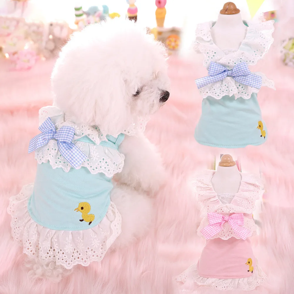 

OIMG Macaron Tricolor Small Dog Princess Dress Schnauzer Bichon Yorkies Chick Embroidered Puppy Clothes Summer Cute CatDog Skirt