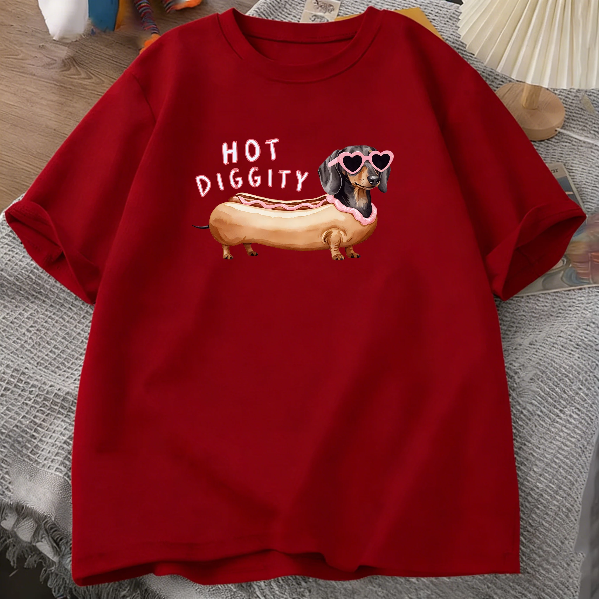 Hot Diggity Dachshund Dog Printed Cotton T-Shirts Mens Summer O-Neck Short Sleeve Tees Soft Oversized Tops Basic Male Clothes