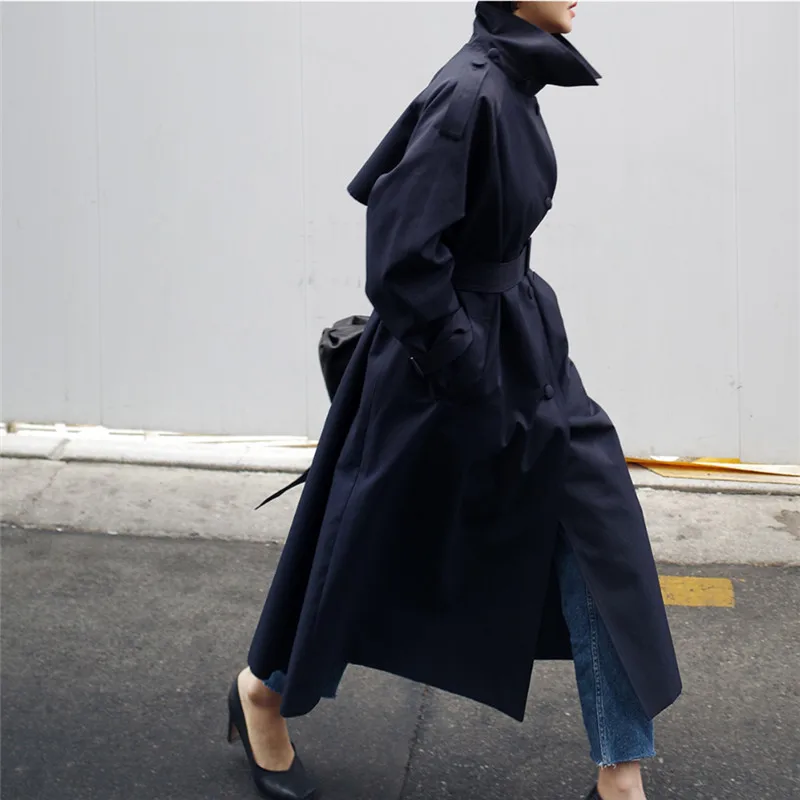 

Pure Poet Women's Mid-Length Slim Fit Long Sve Stand Collar Coat Korean Sle Autumn Faion Belted Ladies Outerwear