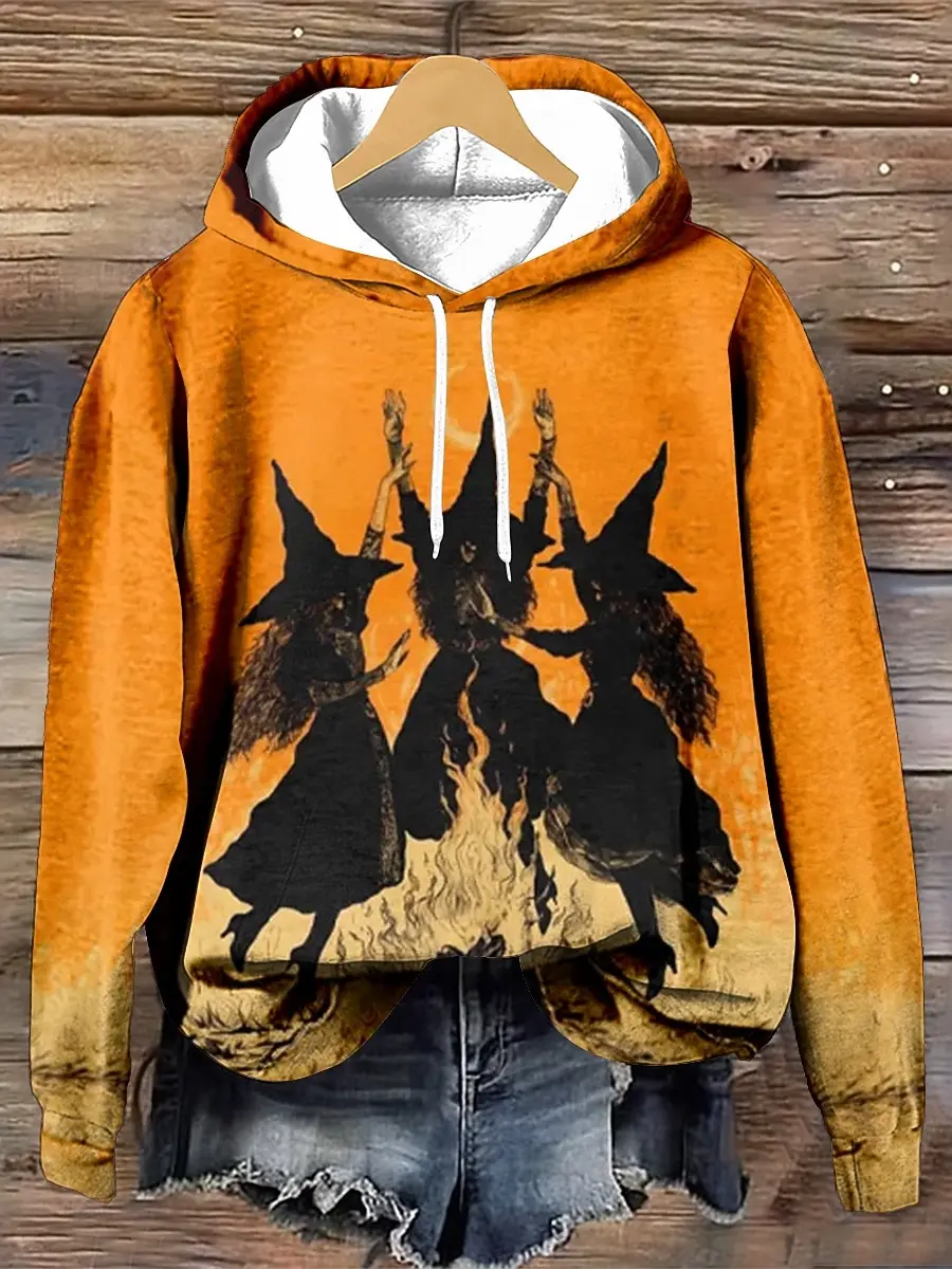 

Halloween Theme Hoodie For Women 3D Print Witch Flame Graphic Hooded Sweatshirts Fashion Creative Pumpkin Pattern Casual Clothes