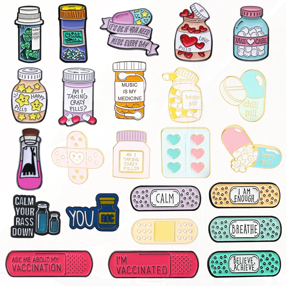 Happy Music Love Pill Band-Aid Creative Medicine Jar Cartoon Metal Badge Punk risvolto spilla regalo Cute Pill smalto Pin prendersi cura