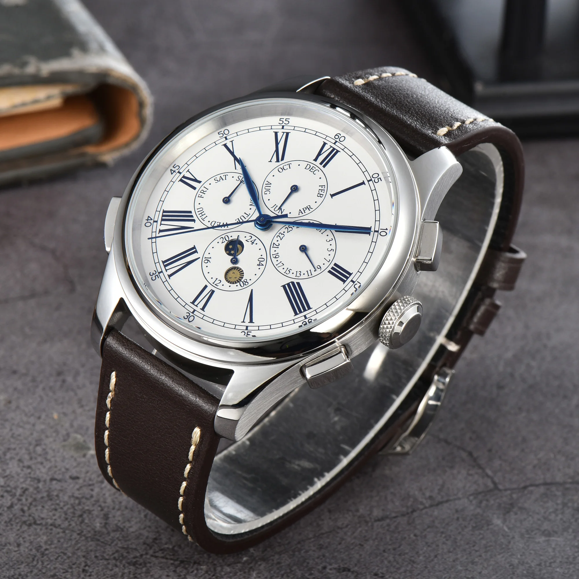 

Новые мужские часы Parnis с белым циферблатом 45 мм, автоматические механические часы с календарем и кожаным ремешком для мужчин heren horloge man, подарочные часы