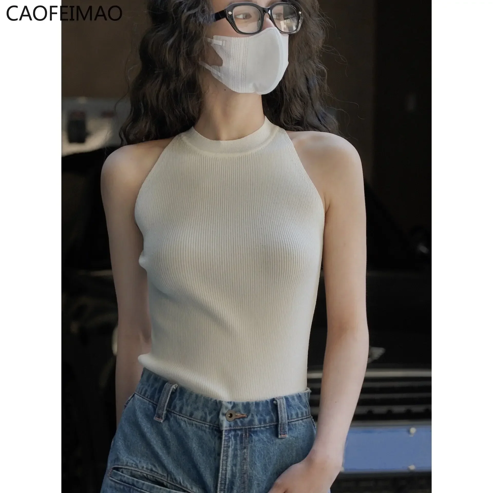 New Caofeimao 2025 Spring and Summer Women's Casual Solid Round Neck Slim Knitted Tank Top  Tank Top Women  Sexy Top  Non Strech