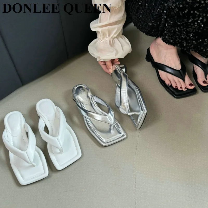 2024 Fashion Square Toe Low Heels Slippers Women Casual Narrow Band Sandals Brand Slide Slip On Beach Flip Flops Sandalias Mujer