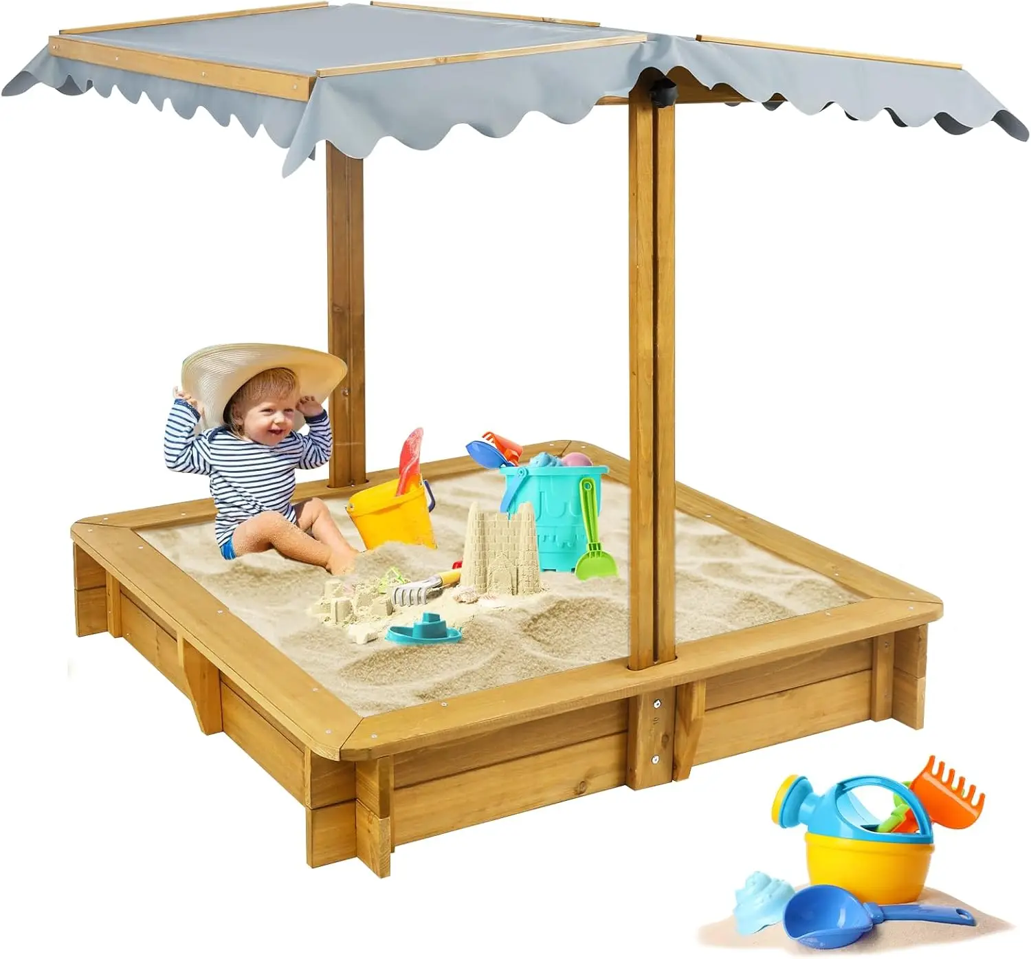 

Wooden Sandbox with Cover, Outdoor Kids Sand Box with Lid 4 Reinforced Bench Seats & UV-Resistant, Height Adjustable Canopy All-