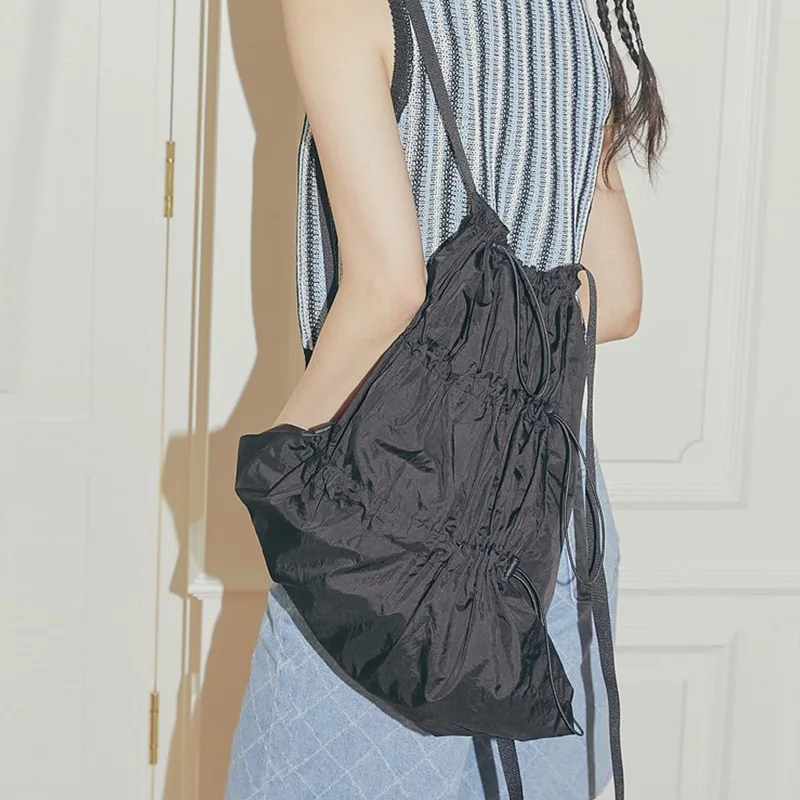 Korean Ruffle Drawstring Backpack Waterproof Nylon Large Capacity Sack Bag Light Casual Outdoor Backpack For Men Women