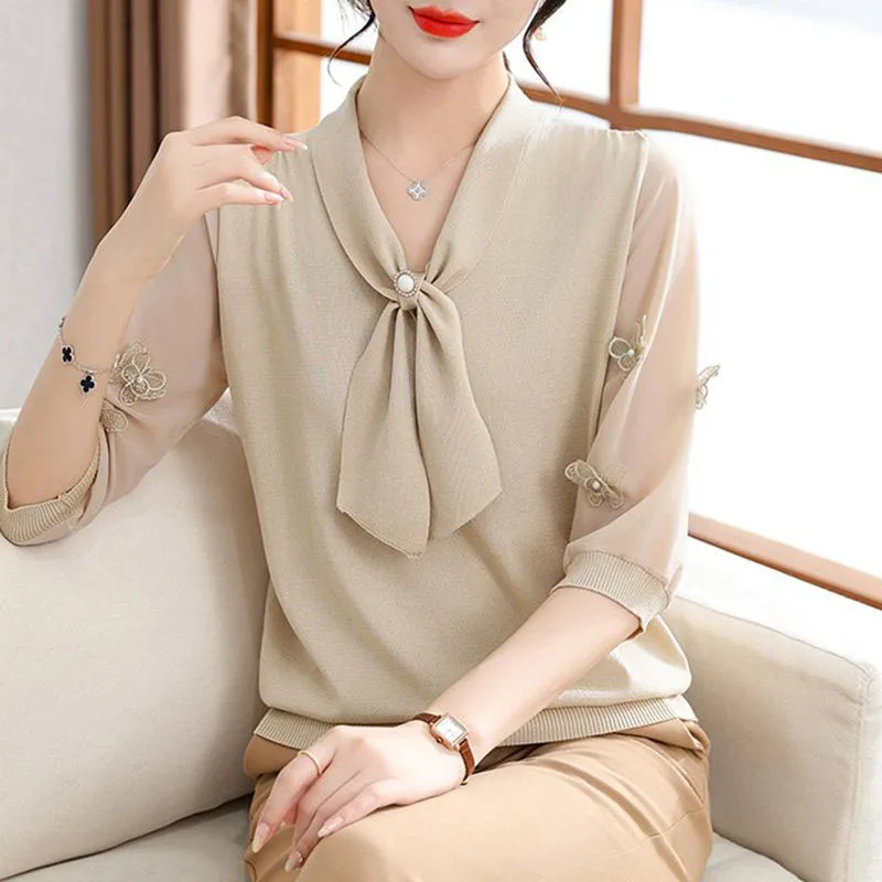 New Autumn Fashion Strap Scarf Collar Capri Sleeves Fashion Versatile Slim and Foreign Style Reducing Age Mom's Knitted Top