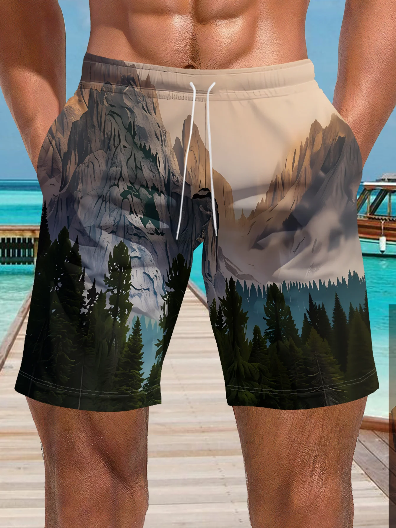 Mens Gas Mask Fire Print Quick Dry Drawstring Waist Beach Shorts Swim Trunks 2026