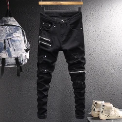 Pantalones vaqueros elásticos para hombre, Jeans rasgados con parches y cremallera, estilo Punk, Hip Hop, color negro