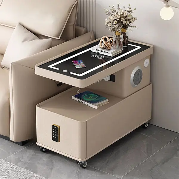 

#Modern Luxury Smart Side Table Wood Wireless Charging Drawer Speaker Apartment Living Room Bedroom Wheels Eco-Friendly Durable