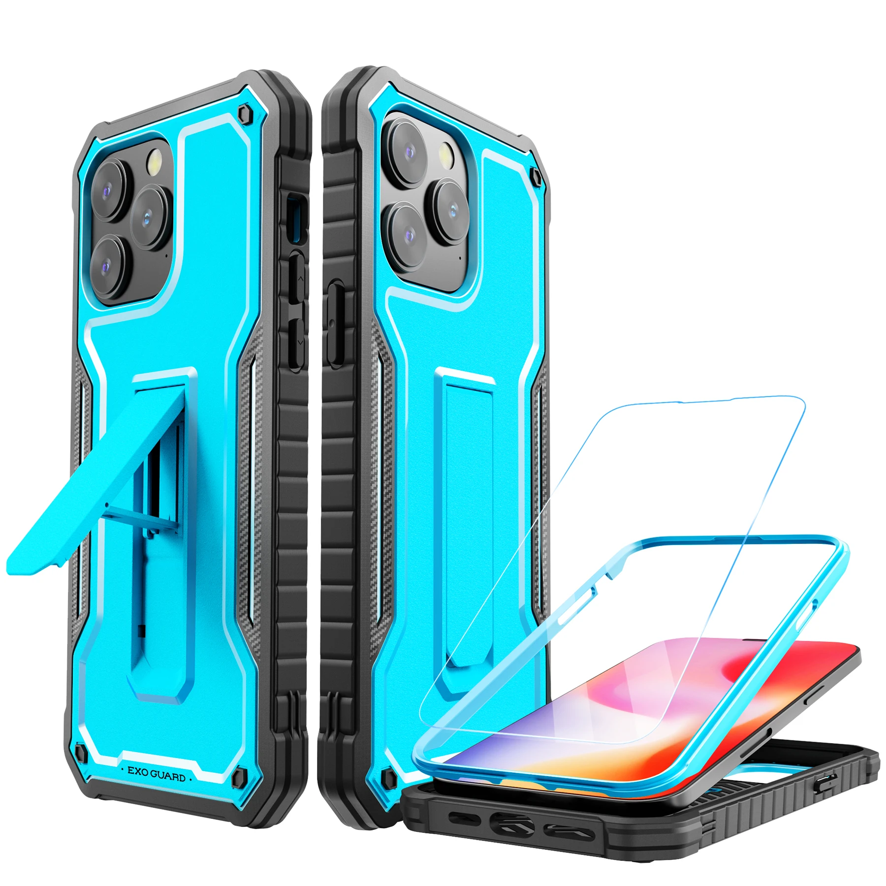 

ExoGuard iPhone 14 Series case, a rubber shock-proof full-body case with tempered glass screen protector and stand
