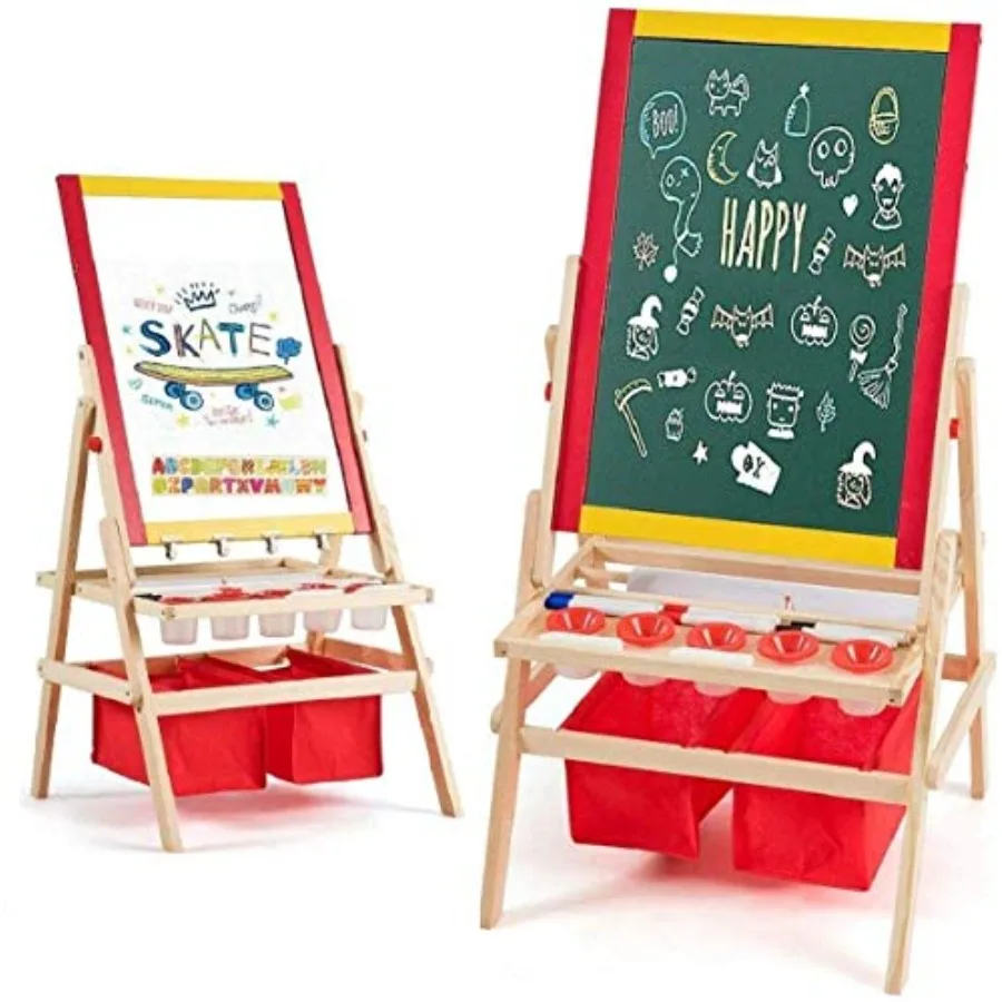 

3 in 1 Art Easel with Paper Roll Double Sided Adjustable Chalkboard White Dry Erase with 4 Drawing Board Clips Storage Bins 26