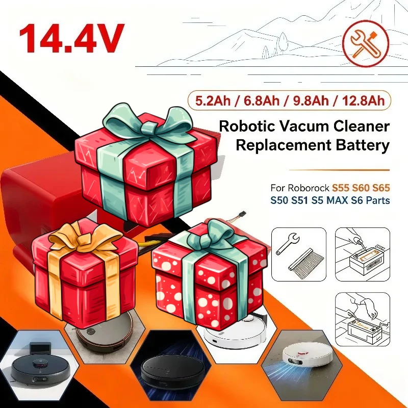 Replacement Robotic Vacuum Battery 14.4V 5.2Ah 6.8Ah 9.8Ah 12.8Ah For Roborock S50 S51 S5 MAX S55 S60 S65 S6 Parts