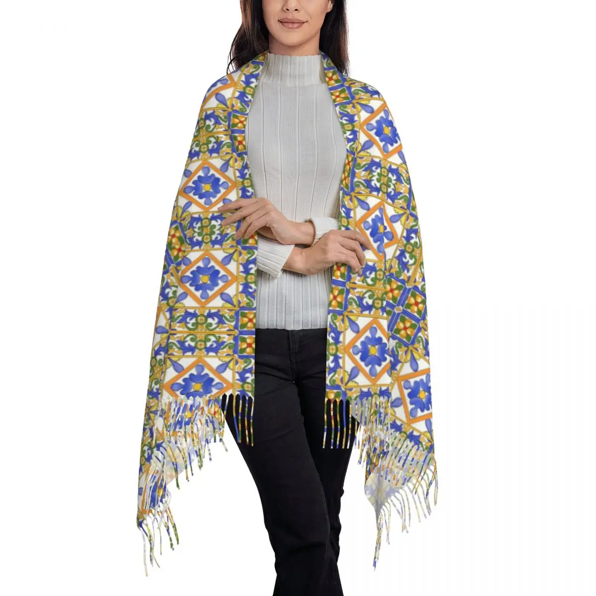 Citrus,Sicilian Style Summer Decor Pattern Scarf Tassel Scarves Women Soft Warm Shawls and Wraps Long Fall Winter Shawl Wrap