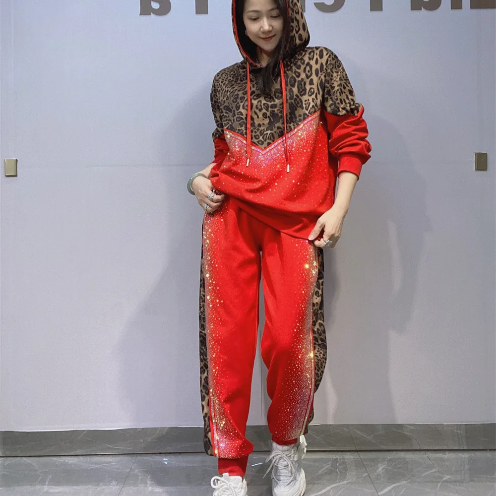 Autumn Leopard Print Patchwork 2 Piece Sets Womens Outfits Loose Bright Diamonds Casual Hooded Patchwork Side Stripe Tracksuit