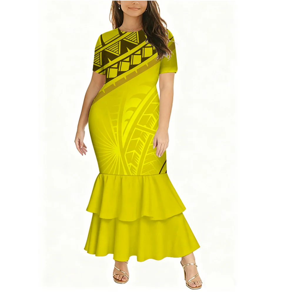 Pacific art island retro padrão feminino novo estilo em torno do pescoço de manga curta vestido de dupla camada banquete emagrecimento vestido de noite