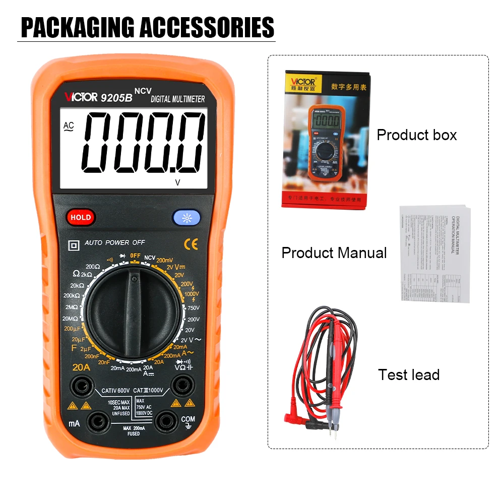 Victor 9205B Digital Multimeter NCV Electricista Machine LCD AC/DC Voltage Current Resistance Capactiance Frequency Diode Tester