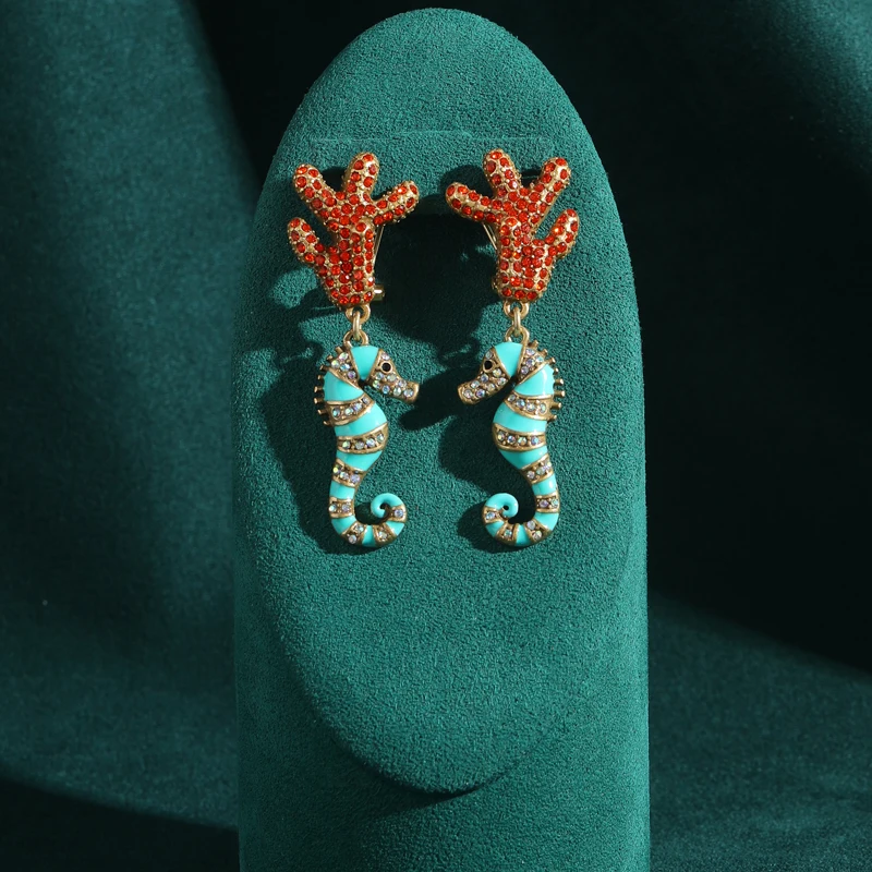 Vintage azul cavalo marinho brincos mulher strass cristal vermelho coral esmalte animal verão jóias praia tendência 2025 novo