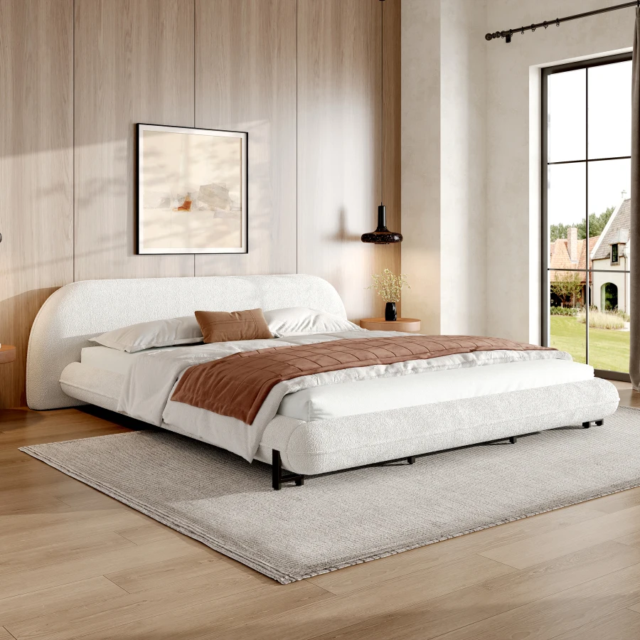King Size Bed Frame with Boucle Fabric, Upholstered Platform Bed with Curve-Shaped Design and Thick Headboard, White Wear Resis