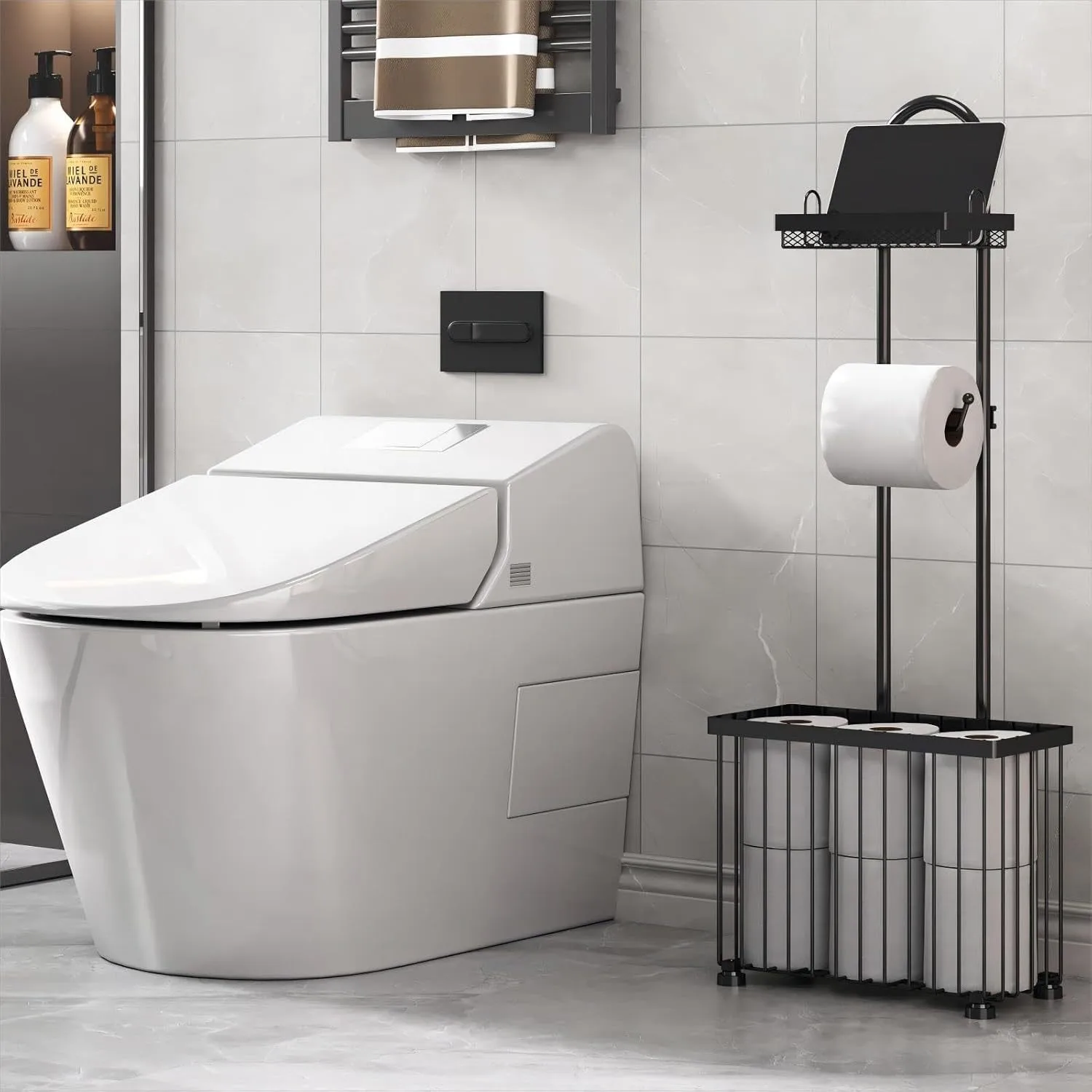 Removable bathroom Household storage Magazine tissue holder Roll paper holder with storage Adjustable height rack