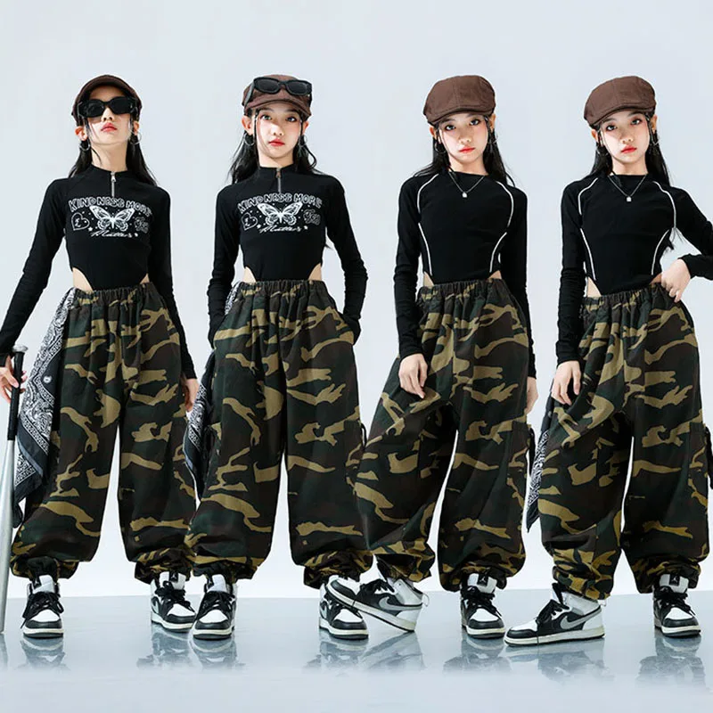 

Kid Hip Hop Clothing Black Butterfly Slim Fit T Shirt Camouflage Casual Wide Cargo Pants for Girl Boy Jazz Dance Costume Clothes