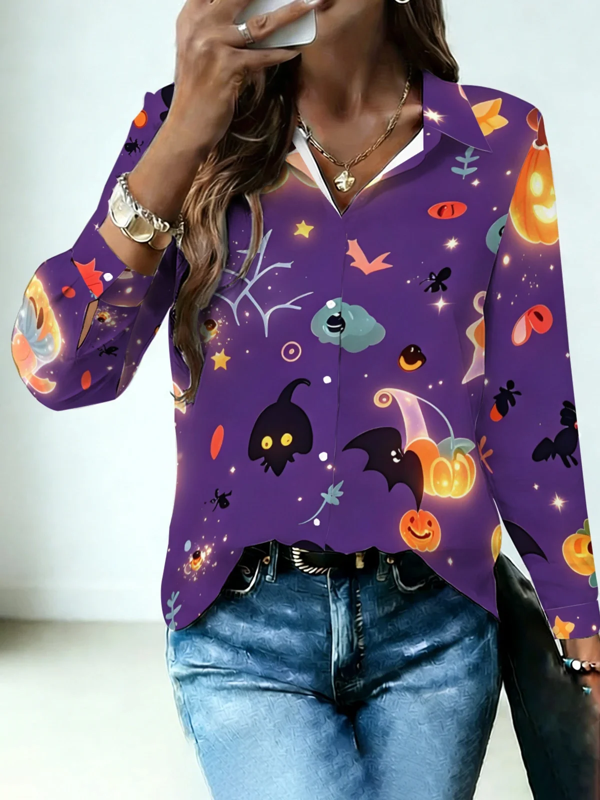 Soft Minimal Halloween Multi-element Womens Collared Shirt Dark Purple Base Glowing Pumpkin Bat Ghost Star Allover Print Long