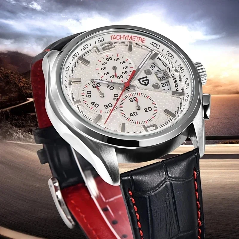 Pagani Design Multifunctional Sports Watch Chronograph Black Dial Waterproof Genuine Leather Strap Quartz Wristwatch Fashion