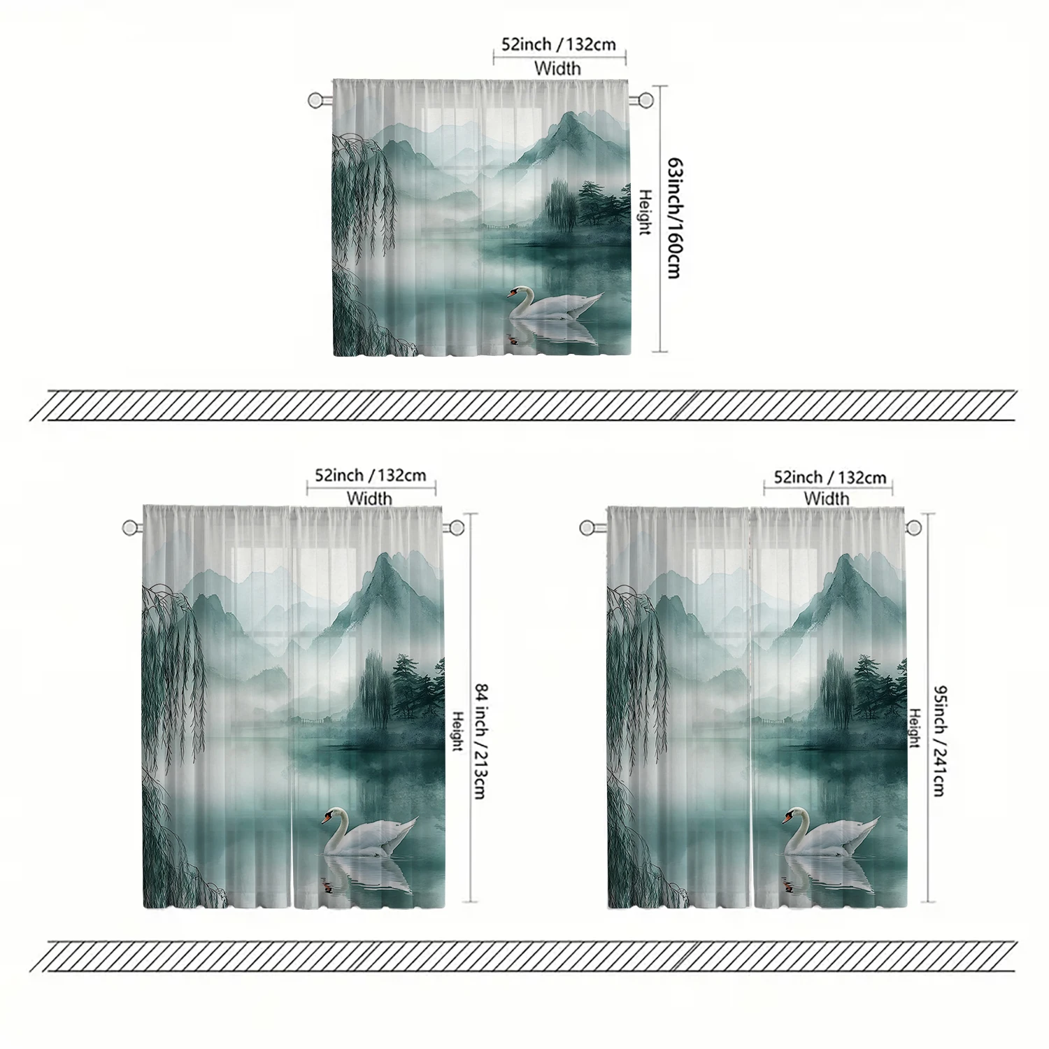 2 Pieces HD Digital Landscape painting Printed Window Screen Home Decor Style Decoration Living Room Bedroom Rod