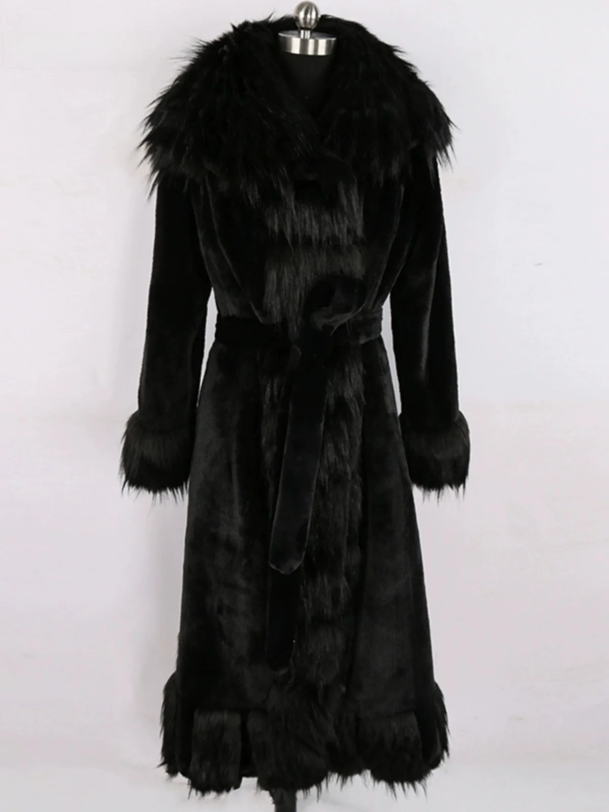 Nerazzurri Fashion Show Style Long Female Fur Coat with Waist Belt Imitation  Fur Large Collar Coat Korean Version Winter ...
