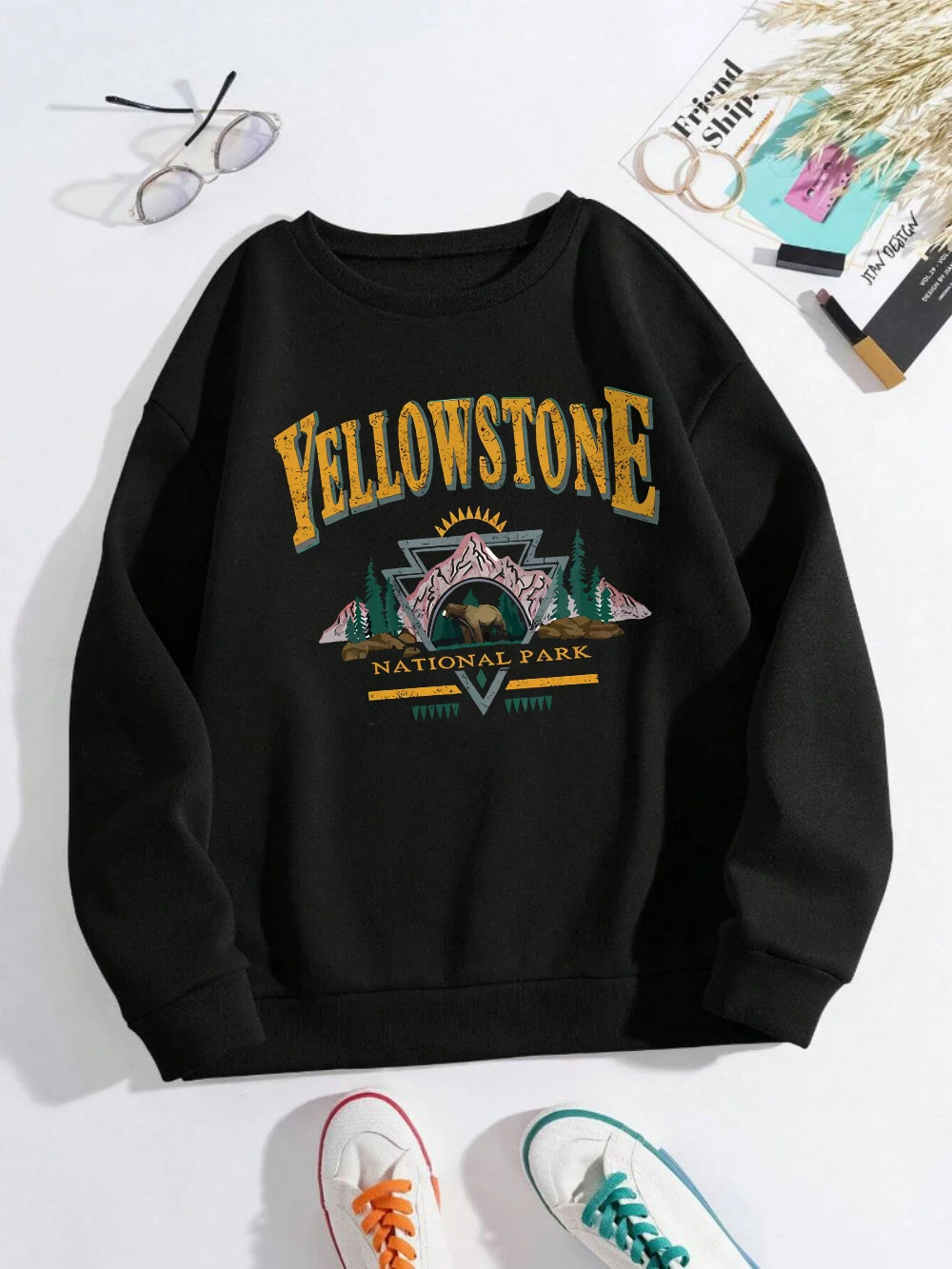 Trend Woman Sweatshirt Yellow Stone National Park Printing Pullover Crewneck Soft Breathable Hoodie Cartoons Female Streetwear