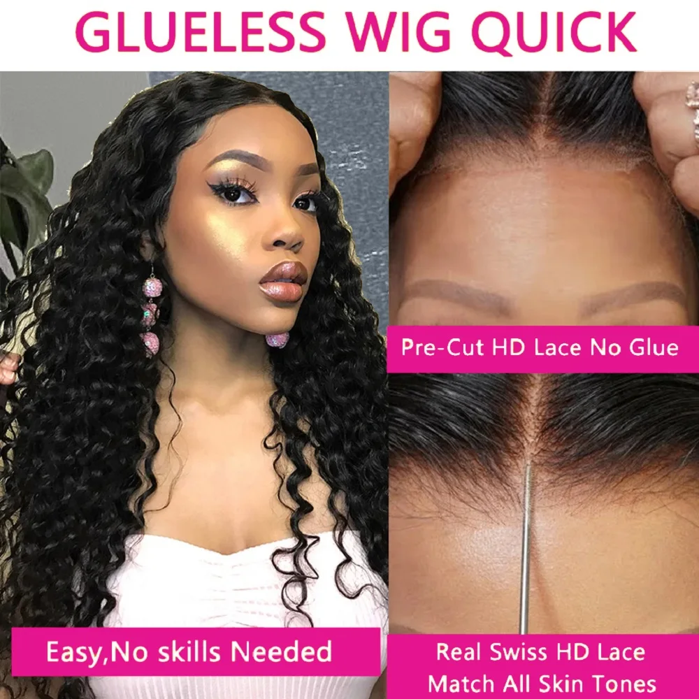 Perruque Deep Wave Lace Closure Wig naturelle, cheveux humains, pre-plucked, sans colle, prête à l'emploi, 5x5 HD