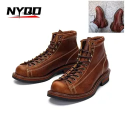 Men's Cowhid Boots British Leather Trekking Shoes Thick Soled Ankle Sneakers Cowhide High Top Motorcycle Boots