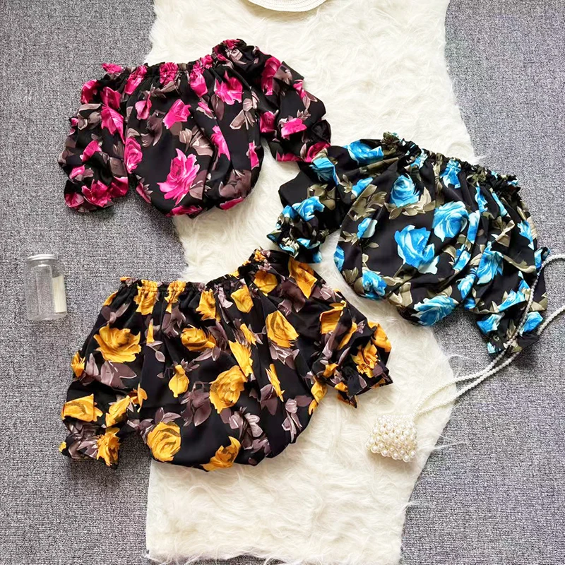 

Sexy Slash Neck Off The Shoulder Strapless Lace Up Long Sleeve Floral Print Blouse Tops Summer Lady OL Workwear Blouse Shirts
