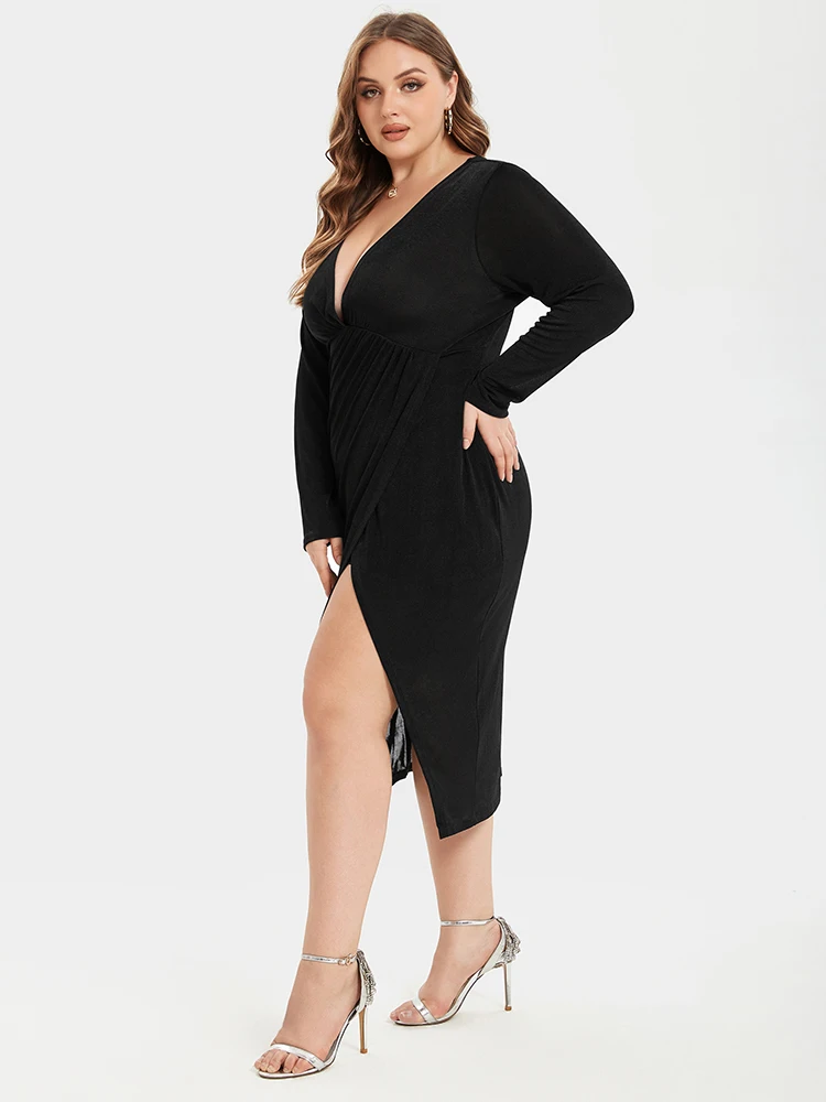 Plus Sized Clothing Solid Elegant Long Sleeve Split Thigh V-Neck Ruched Midi Dress Black Sexy Party Dresses for Women Girls