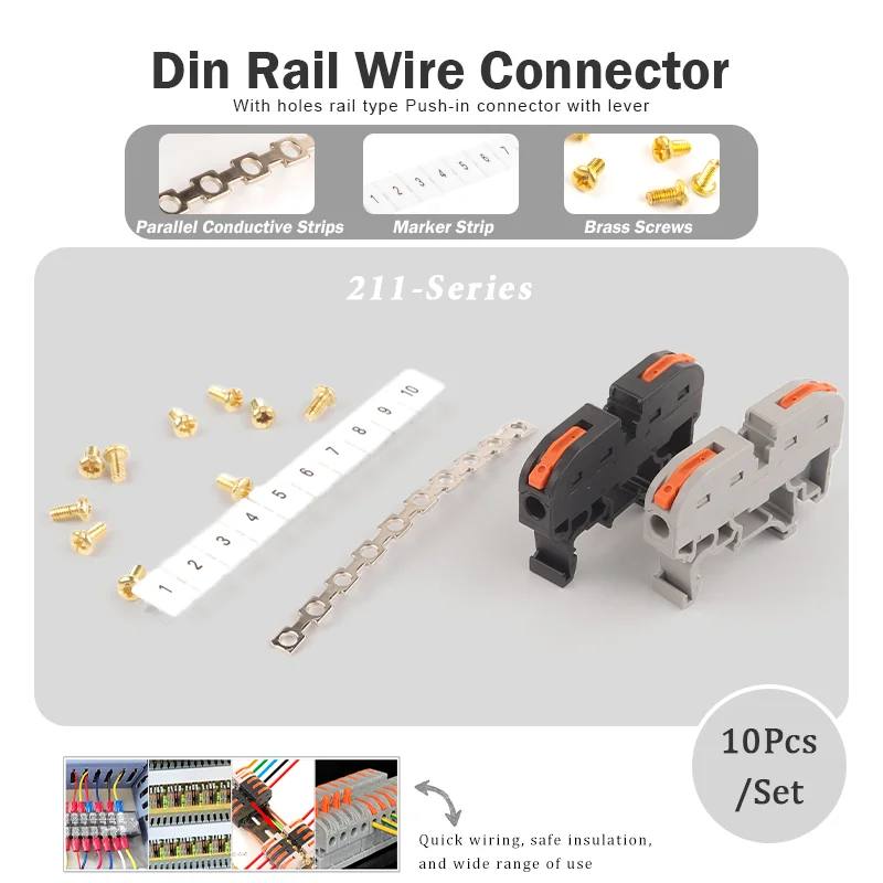 

10Pcs/Set 211 Din Rail Wire Connection Terminal Block With Wire Conductor Marking Quick Wiring Type 1 In 1 Out Splitter 20A/400V