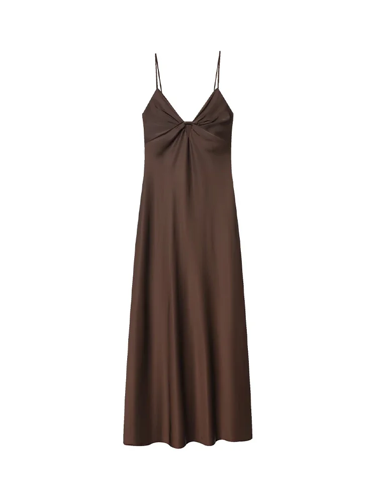 HH mujer primavera Sexy ajustado vestido Midi sólido sin mangas espalda descubierta decoración A-Line cremallera mujer elegante cuello pico Sling vestidos