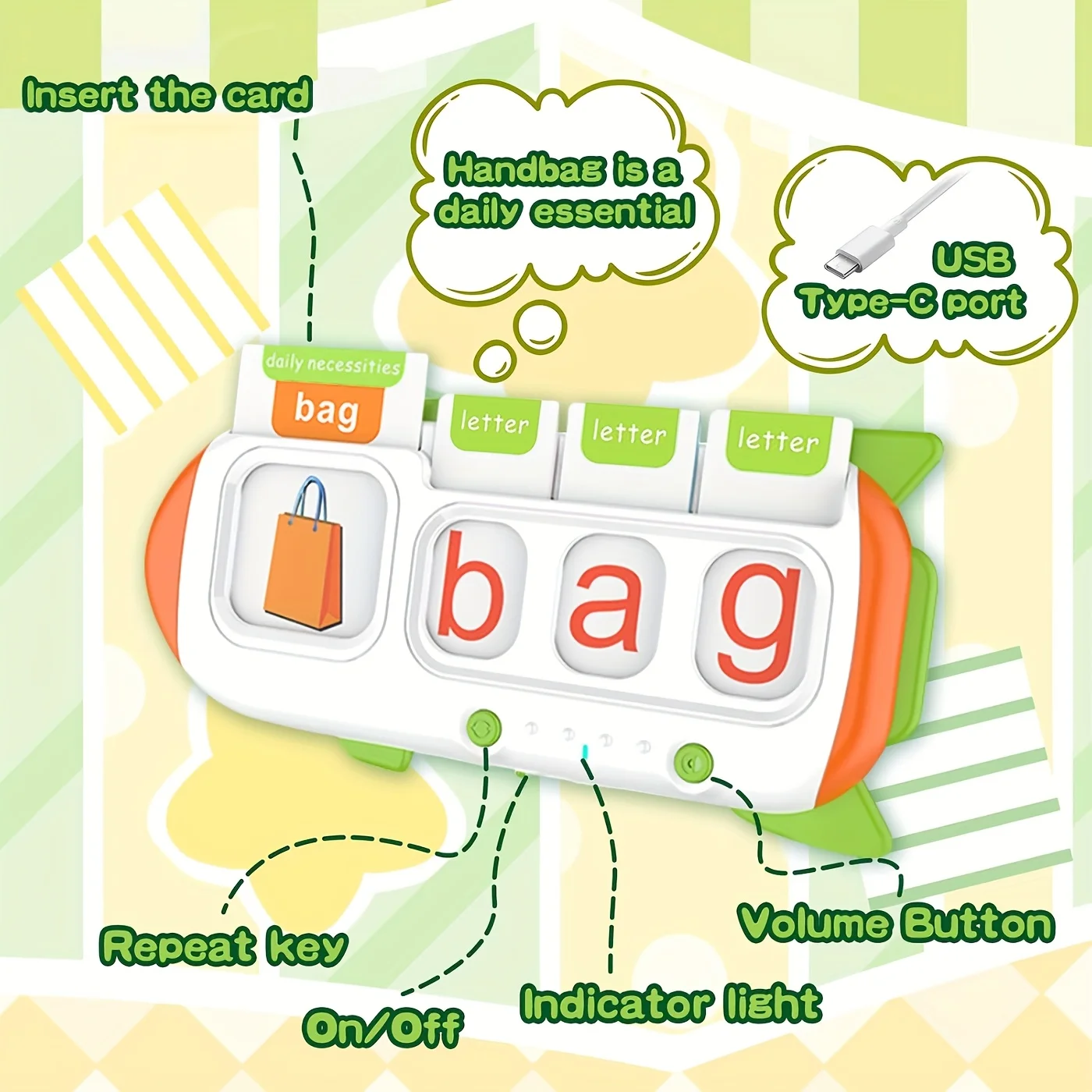 Máquina de cartão flash para crianças – Brinquedo de educação infantil de ortografia, matemática e música em inglês com feedback de som – recarregável