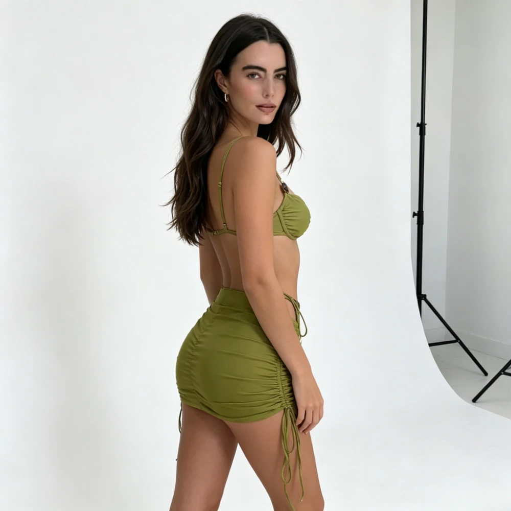 2026 New 3PCS Green Bikini Set with Bead Decor Underwire Top, High Cut Bottom & Ruched Wrap Skirt Beach Swimwear