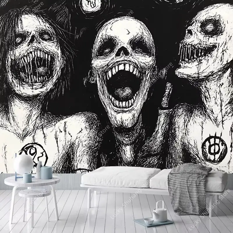 VIKAMA Creepy Horror Faces Tapestry Wall Hanging Black White Ink Sketch Scary Grinning Aesthetic Wall Art Bedroom Dorm Decor
