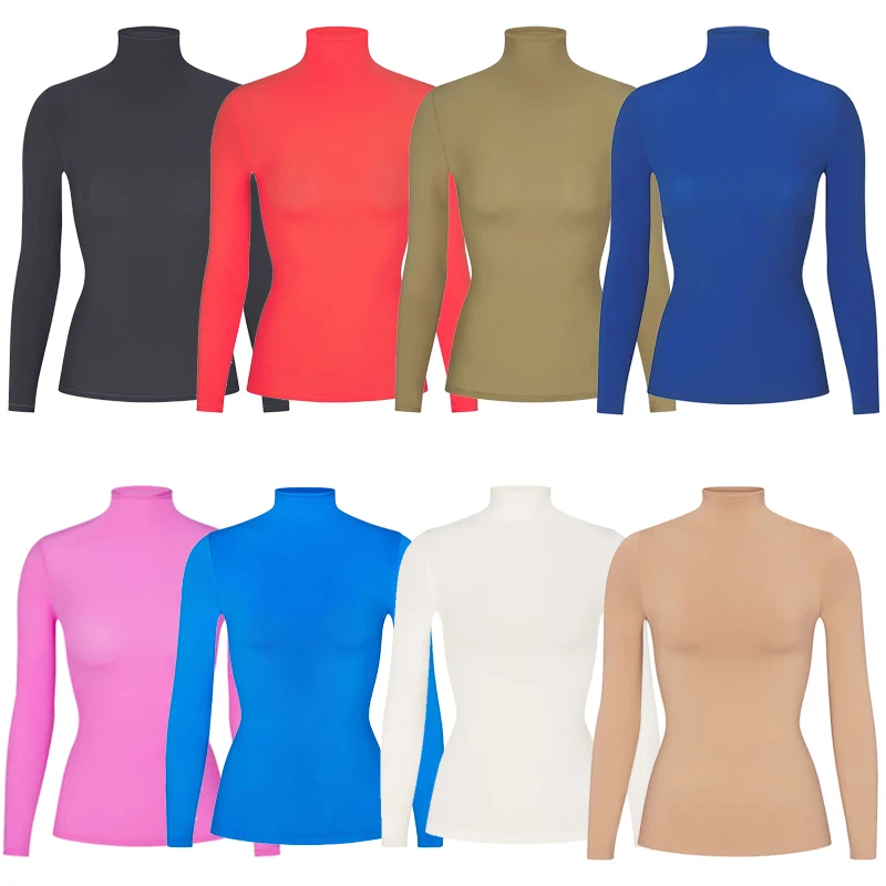 Solid Color High collar Women's Long Sleeve Tight T-shirt High Quality Cotton Fabric Soft and Comfortable Round Neck Top 2024