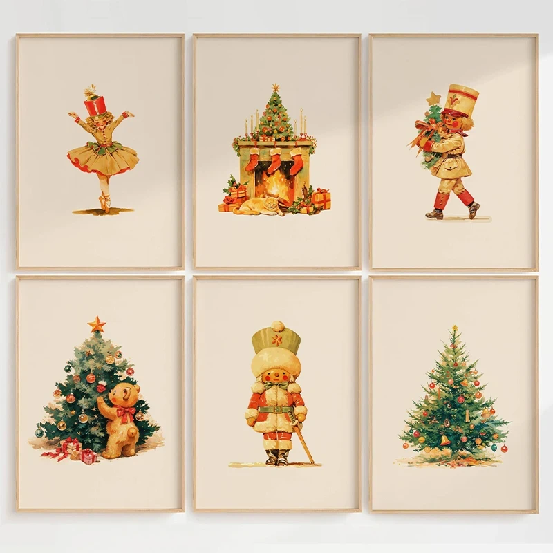 Vintage Christmas Tree Nutcracker Teddy Bear Fireplace Poster and Prints Canvas Printing Festive Wall Art Picture for Home Decor
