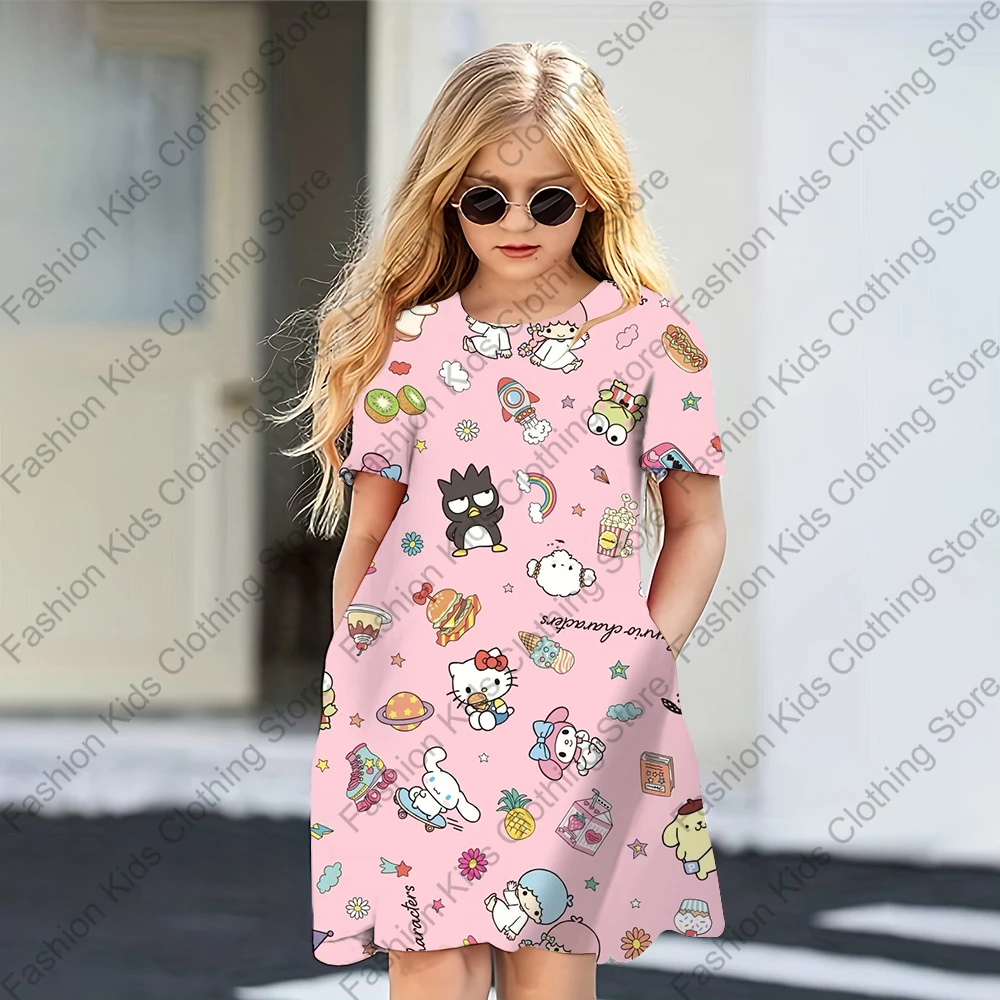 MINISO Summer Dress Fashion Cartoon Hello Kitty & Friends stampato abiti da donna ragazze manica corta Princess Dress abbigliamento per ragazze