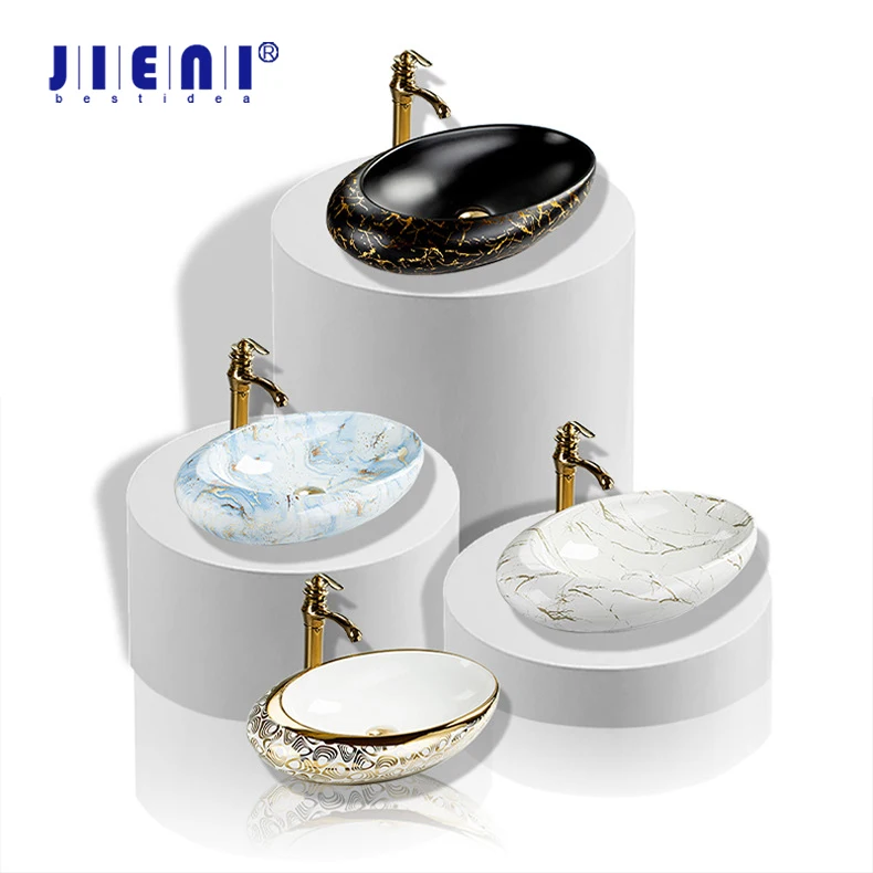 

JIENI Art Ceramic Bathroom Sink Set Oval Washbasin Golden Faucet Pop Up Drain Combo European Style High End Porcelain Sinks