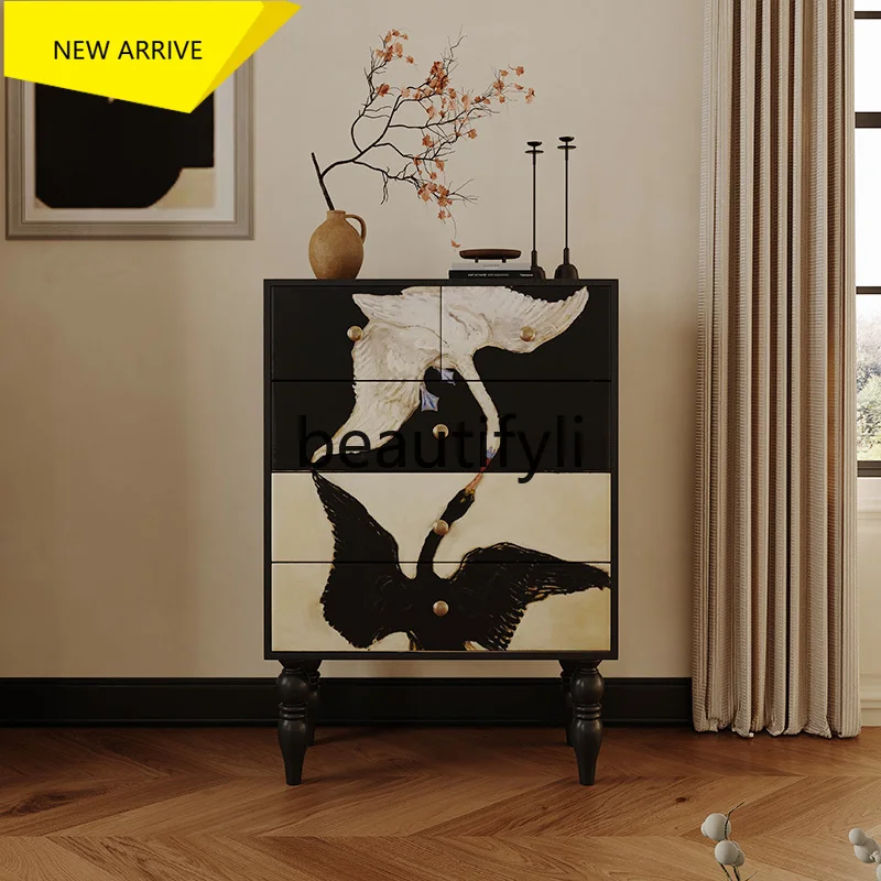 

D2520 French retro chest black and white swan cabinet living room dining side cabinet