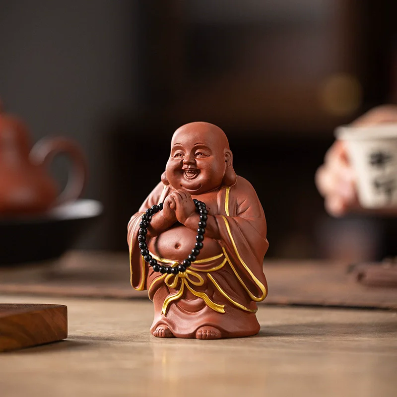 Happy Laughing Buddha Zisha Clay Tea Pet, Chinese Miler Fortune God Ornament for Tea Tray, Growable Desktop Decor for Good Luck