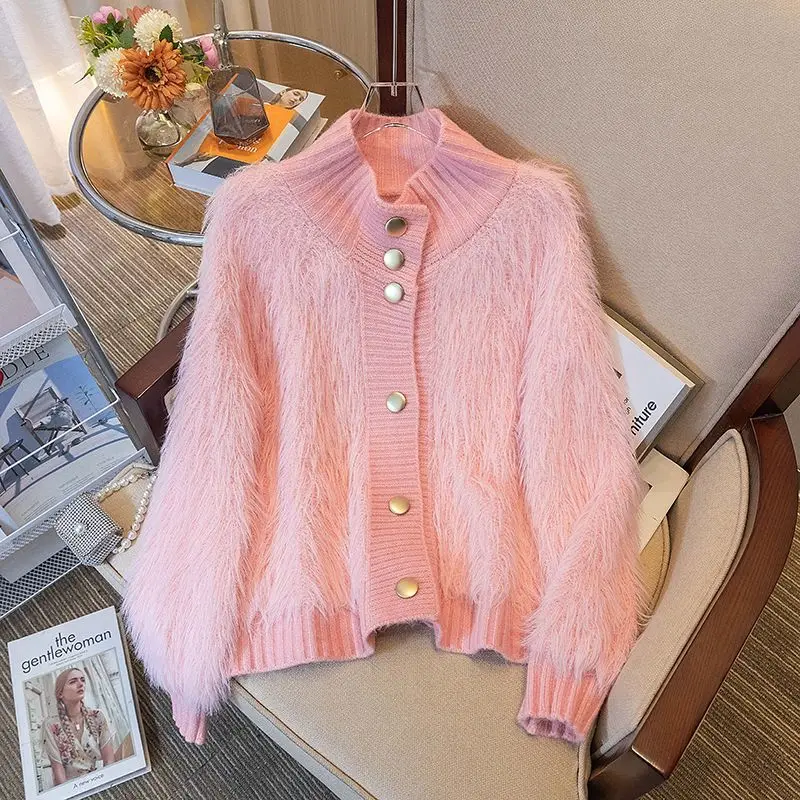 Women\'s Imitation Mink Soft Cardigan, Korean Fashion, Long Sleeve, V-neck, Short Tops, Loose Casual Knitted Sweater, Autumn