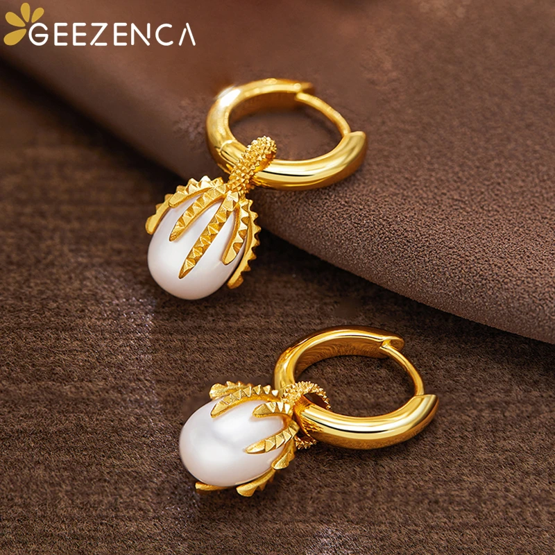 GEEZENCA 925 Silver Rivet Pattern Natural Pearl Dangle Earrings For Women 18K Gold Water Drop Unique Chic  Earring 2024 New Gift